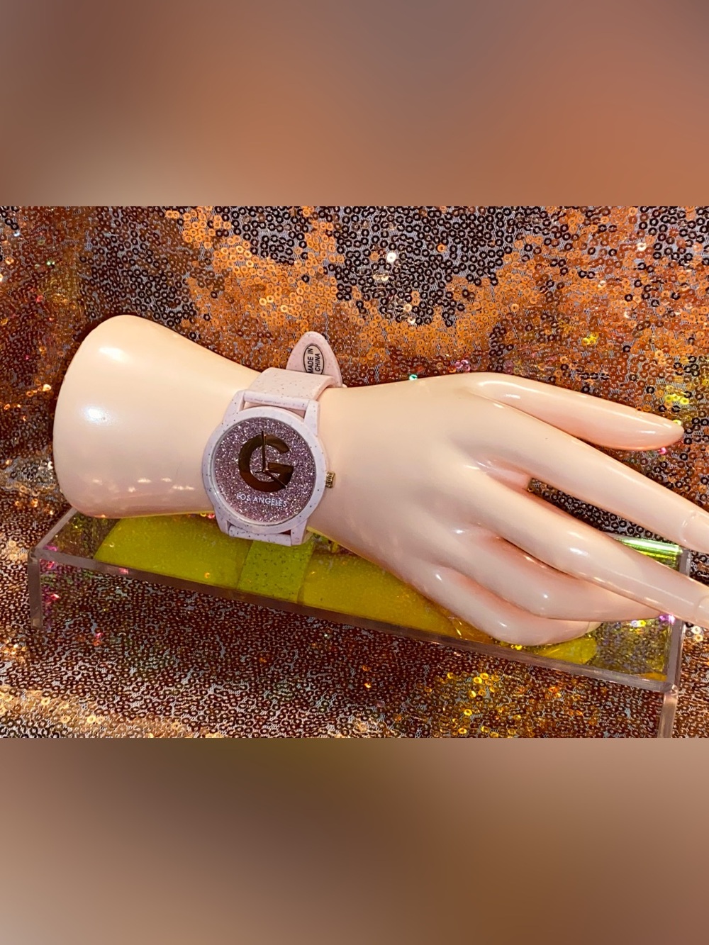 Guess G Los Angeles Pink Glitter Logo Watch-Blush Speckled Strap-Y2K Glam
